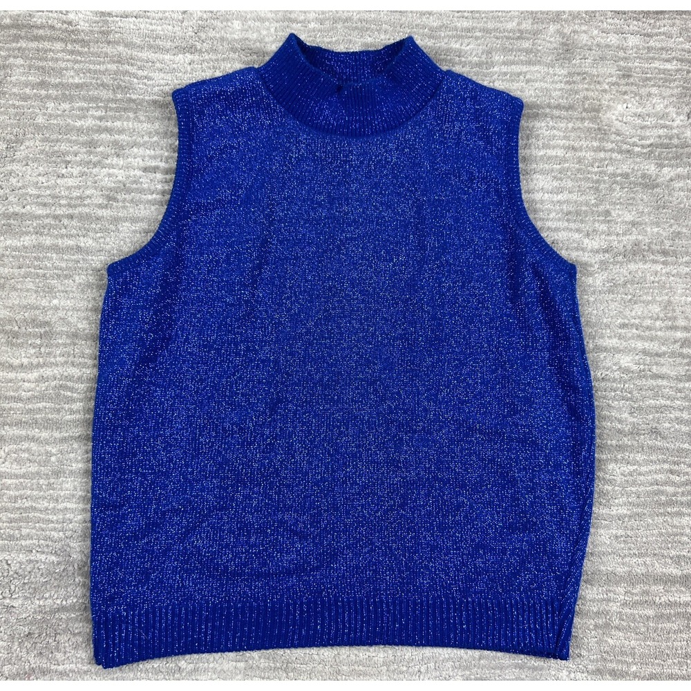 Willow Ridge Sweater Vest Womens Medium Blue Lurex Mock Neck Sparkly Knit ID2131